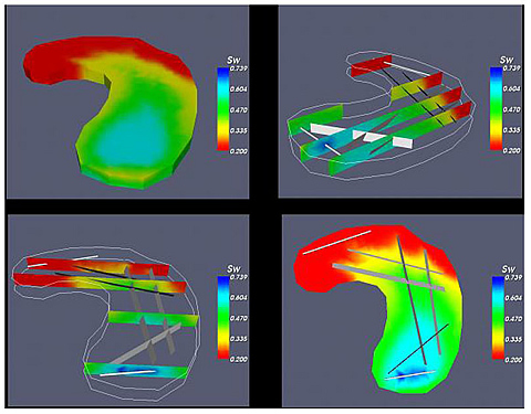 Primary production and waterflood in a complicated domain containing sloping, intersecting fractures. A three-dimensional view, along with a section in each of the three dimensions, is shown.