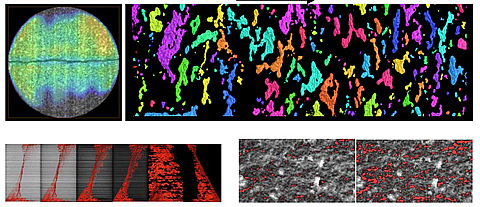 Water imbibing from fracture, top left. Disconnected oil globs within the fracture at residual oil saturation, top right. Three-dimensional renditions of a shear fracture in a layered sample. Fracture asperities (red) at 500 psig (left) and 2,500 psig (right).