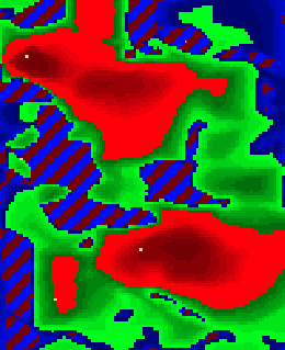 The principal component analysis of sensitivities of a permeability field (above) yields geologically reasonable domains (below) that are used for the probabilistic updating.