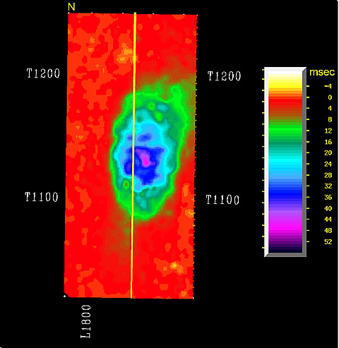 The image on the top shows a seismic travel-time difference map produced from two vintages of the Sleipner CO2 seismic dataset. The image at right depicts the plot of time-lapse seismic travel-time differences (in seconds) through a reservoir model generated by modeling travel times across a range of CO2 pressures (in megapascals) and saturation changes.