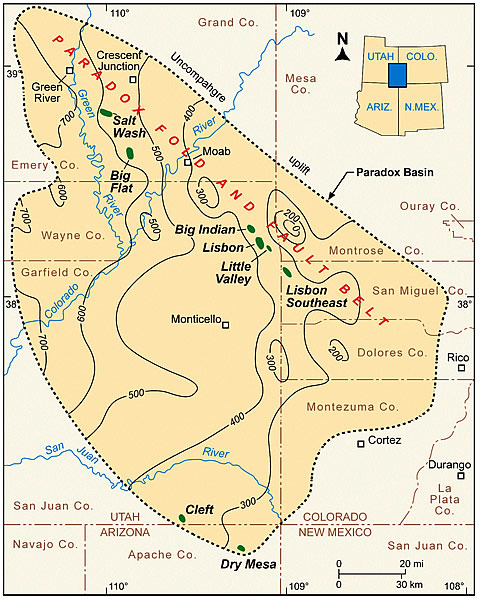 Location of fields that produce from the Mississippian Leadville Limestone, Utah and Colorado. Thickness of the Leadville is shown; contour interval is 100 feet (modified from Parker and Roberts, 1963).