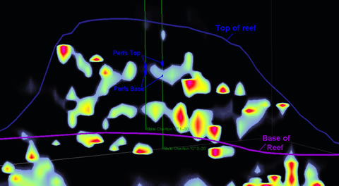 High wavenumber distribution through the reef for in-line 1046 through two of the boreholes. Note that zones of high wavenumber (in color) correspond with initial zones perforated in the wells and is believed related to zones of high porosity.