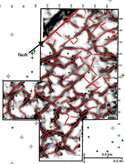 Most positive curvature map on Spergen over the Smoky Creek field and the Cheyenne Wells field shows reservoir compartmentalization due to karst processes. Proposed infill wells will be drilled in mid-2008. The area colored in blue is where the Spergen (reservoir layer) is below the oil-water contact.