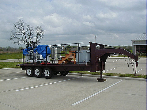 A water filtration trailer at the Texas A&M campus Brayton water treatment plant. The portable unit will be placed onsite, first at Texas A&M, then at an oil lease. This allows operations for extended times to measure operating efficiency. 
