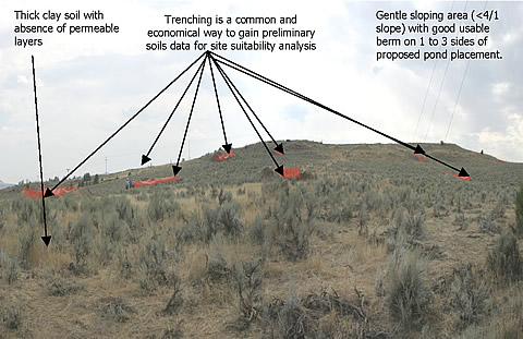 Site-specific field evaluation practices can be used for the siting of impoundment locations. Activities may include the identification of suitable topography and analysis of soil characteristics from trenching and boreholes.