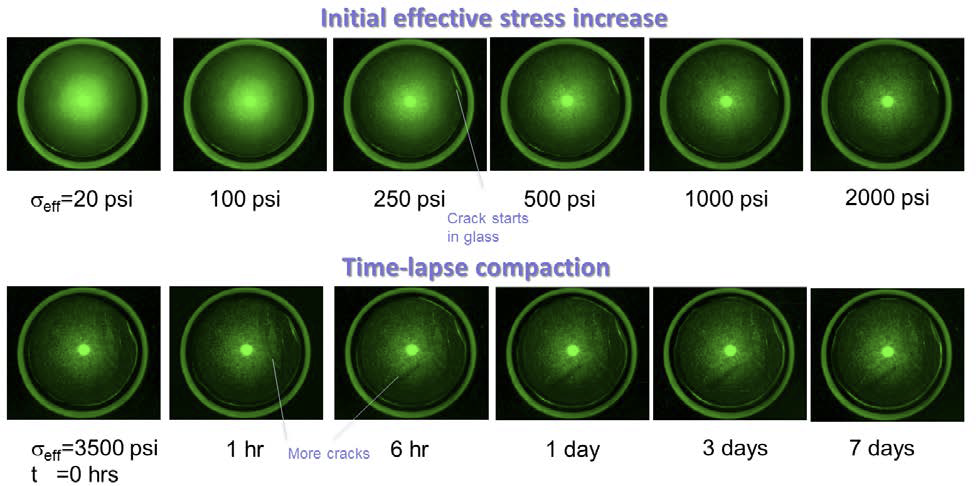 Figure 7: Optical images from initial shale fracture compaction experiment showing of changes in fracture aperture of a Barnett shale sample under increasing effective stress conditions and through time.