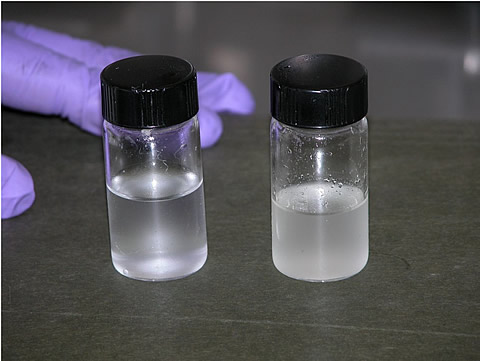 Effluent samples collected from NaCl:bmim TF2N separated in a centrifugal contactor.