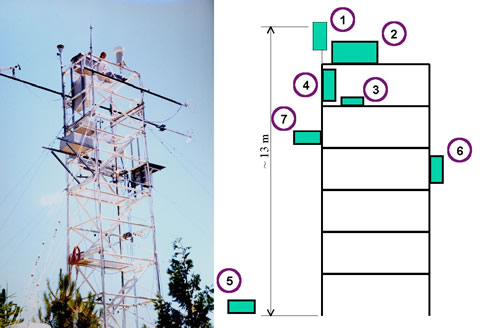 The tower at the Blodgett Forest field site. The boxes mounted on the tower contain the aerosol equipment. The adjoining schematic shows the locations of the aerosol instrumentation on the tower: (1) 2.5 mm cyclone inlet, (2) aethalometer, (3) condensation particle counter, (4) scanning mobility particle scanner, (5) optical particle sizer, (6) nephelometer, and (7) filter samplers.