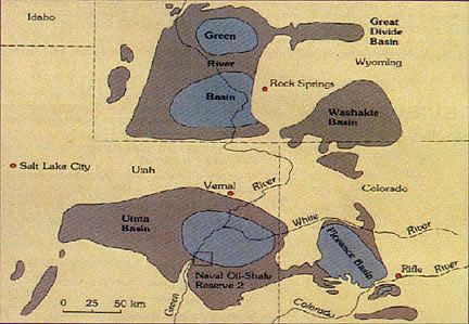 Distribution of oil shale resources in Colorado, Utah, and Wyoming.