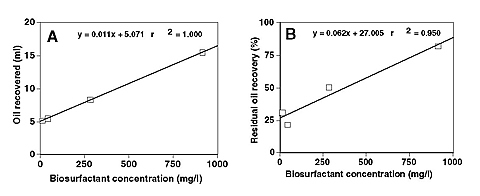 Effect of increasing concentrations of the JF-2 biosurfactant on oil recovery from sand-packed columns flooded to residual oil recovery.