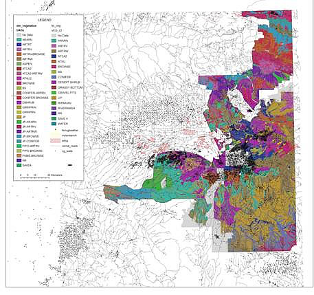 GIS representation of study site, including vegetation (dm_vegetation and bc_vegetation), prairie dog colonies (mytonbench and pdog), roads (vernal_roads) and oil and gas wells (og_wells).