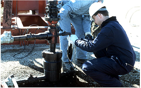 INL researchers sample a wellhead to conduct fluid analysis and microbial ecology and physiological characterization tests.