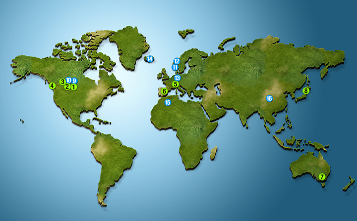 Displays the location of each DOE-supported international demonstration project.