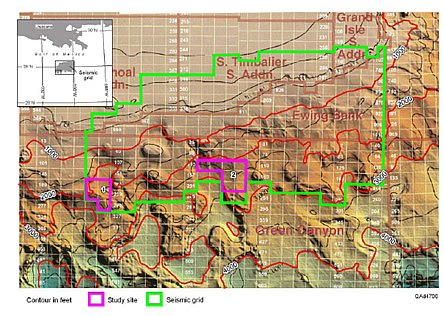 Map of the Green Canyon area where 4C OBC seismic data have been acquired. Only data acquired in water depths of 1,500 feet (~460 meters) or more will be used in this study. Contour interval of bathymetry lines is 500 ft (~150 m). Two locations labeled 1 and 2 have been selected as focal points for this research.