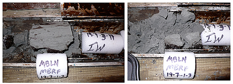 Photo of core run #19, section 7, inches 1-3 after shaving the drilling fluids away from the surface and before scooping the inner portions of the core for microbiological analysis (left) and after scooping the inner portions (right).