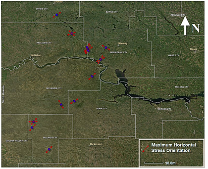 Fig. 2. Orientation of maximum horizontal in-situ stress in the Bakken Formation , Williston Basin, North Dakota.