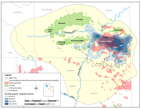 Figure 2. Map showing proposed study area, Uinta Basin, Utah. Note the prime oil shale area overlaps with several natural gas fields.