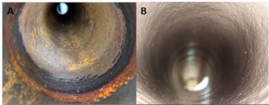 Pipe interior before (A) and after (B) DragX treatment.