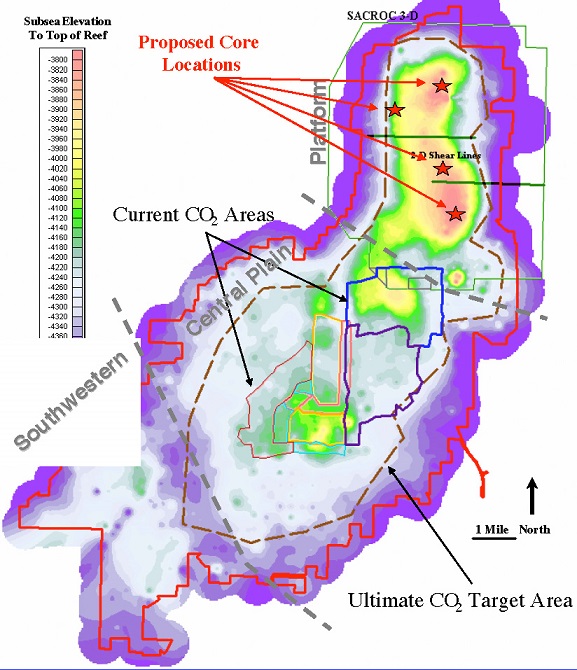 Map of SACROC Unit showing proposed core locations in Northern Platform area.