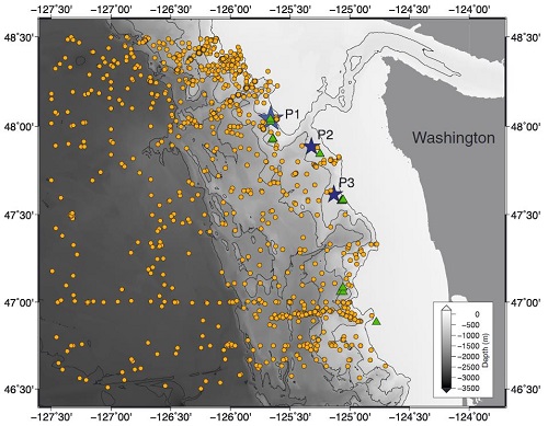 Bathymetry map of archive data locations along the Washington continental slope showing conductivity-temperature-depth (CTD) observations as orange dots, bathymetric transects (P1–P3) as blue stars, and known methane seep sites as green triangles. (Hautala et al. 2014)