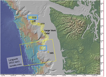 Washington margin bathymetry map identifying key sites. Yellow circles are methane plume sites. Numbers next to plumes are the water depth of the emission sites. Yellow dashed box is the R/V Langseth MCS survey that identified large areas of bottom-simulating reflectors (BSRs) (Holbrook et al., 2012). Broad yellow line is schematic trackline for the planned 2014 expedition following 500 m contour.Blue boxes are areas for detailed conductivity, temperature, and depth (CTD); water sampling; and coring sites.