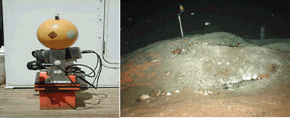 Time-lapse camera (left) deployed to monitor gas hydrate mound at Bush Hill. Thermistor probes were inserted into holes drilled into the mound (right).  Photos courtesy Texas A&M