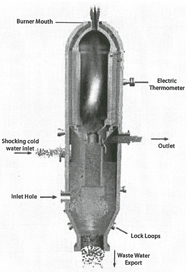 The MCSG is a slurry-fed, entrained flow gasifier. The gasifier clearly incorporates a quench zone beneath the upper gasifier section.