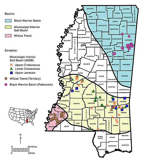 Map showing the major geologic trends, oil and gas production areas, and project sampling locations in Mississippi.