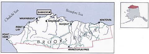 Map of the North Slope Borough showing the location of its eight major communities,  including Barrow, the site of this research project.