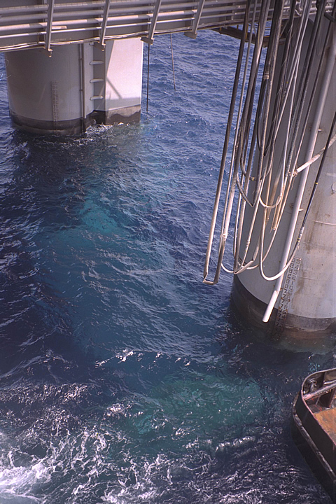 Offshore discharge of treated produced water, such as through the leg column of this semisubmersible drilling rig, remains a major cost and environmental concern for the oil and gas industry.