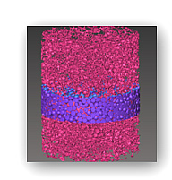 Figure 3. Threshold micro CT images: Left: Epoxy (pink) in the pore spaces of the glass beads (purple), Right: partially water-saturated sand packs showing water blobs in blue