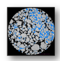 Figure 3. Threshold micro CT images: Left: Epoxy (pink) in the pore spaces of the glass beads (purple), Right: partially water-saturated sand packs showing water blobs in blue