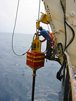 Piston core apparatus with 6-ton weight prior to being dropped Photo courtesy USGS