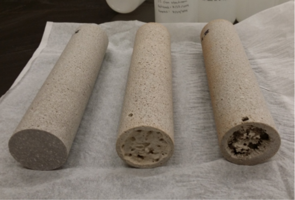 Noticeable porosity changes of dolomite cores with exposure to different concentrations (increasing to the right) of CO2 and brine. Drastic increase in porosity could potentially present leakage pathways (University of Utah project DE-FE009773).