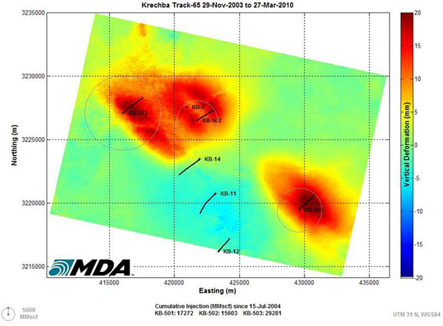 Satellite image of cumulative surface deformation at the In Salah caused by CO2 injection operations.