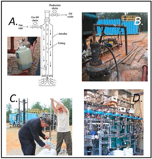 Various sampling methods being used at the Citronelle CO2 Storage Project (SECARB). Methods include: A. gas-lift; B. electric submersible pump; C. Kuster sampler; and D. U-tube sampler.