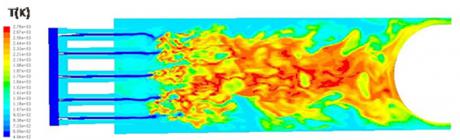 Temperature contours from CFD simulation of a 300 bar oxycombustor.