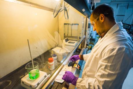 Dan Hayes, in the Materials Synthesis and Electrochemistry Lab at NETL in Morgantown, WV, synthesizing a pyrochlore catalyst for hydrocarbon reforming.