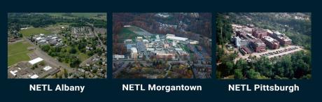 From left to right, a panel of aerial photographs of the NETL Albany, NETL Morgantown, and NETL Pittsburgh campuses.