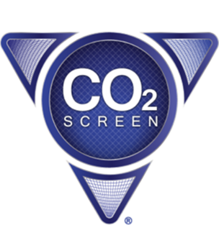 A blue circle with the words "CO2 Screen" written in the middle and three blue triangles placed evenly around he circle.