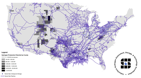 A map displaying hydrogen production potential labeled by county.