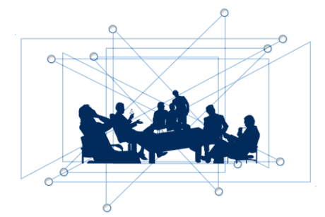 Silhouettes of c=several seated people discussing a subject.