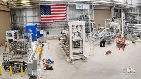 Supercritical Transformation Electric Power (STEP) 10 MWe Pilot Plant Test Facility (DE-FE0028979) high bay during installation of turbine skid (left), high temperature recuperator (center), and main compressor/inventory system (right).