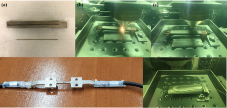 Additive manufacturing methods were used for integration of optical fibers into steel parts with capability of high-resolution temperature and strain sensing. [Image provided by University of Pittsburgh]