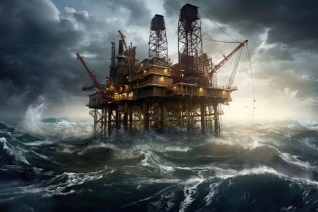 Stock image of an oil rig in tumultuous waters.