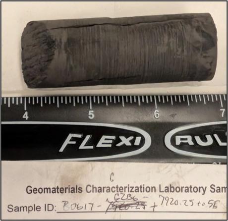 The top image is a shale sample extracted at a depth of 7,920.25 feet from the NETL-funded Marcellus Shale Energy and Environmental Laboratory well located at the Boggess site near Core, West Virginia. A preliminary analysis showed elevated levels of chromium, strontium, barium, cerium, and neodymium (all critical minerals) in the sample.