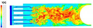 Temperature contours from CFD simulation of a 300 bar oxycombustor.