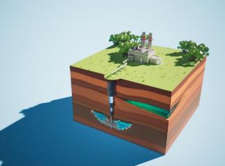An animated cube shaped piece of land with a facility sitting atop of it.