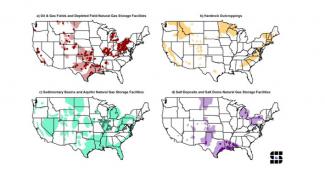 Locations of four types of subsurface storage for hydrogen: oil and gas depleted field storage facilities; hard rock outcroppings; sedimentary basins and aquifer storage facilities; salt deposits and salt dome natural gas storage facilities.