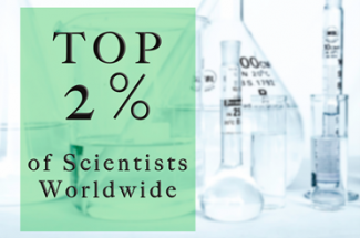 Image depicting beakers and test tubes in the background, and the phrase "Top 2% of Scientists Worldwide" in the foreground